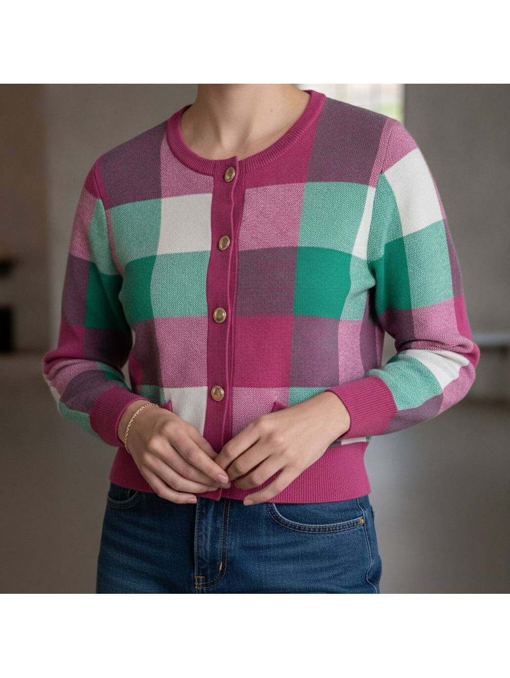 Cynthia Rowley Plaid Sweater, Gold Buttons, Size L, Pink, Green, White, Soft